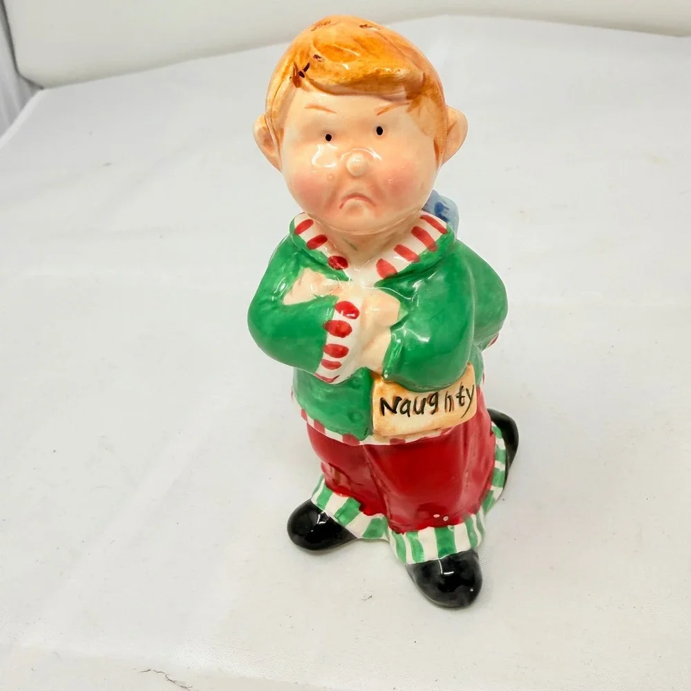 Christmas Naughty or Nice Boy Ceramic Salt Pepper Shaker Holiday Decor 4.75in